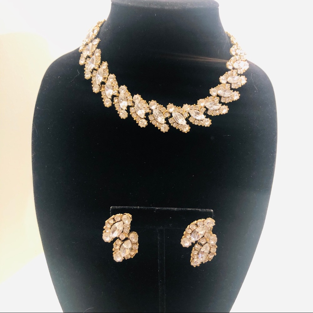 Gold base; Rhinestone necklace w/ matching earring